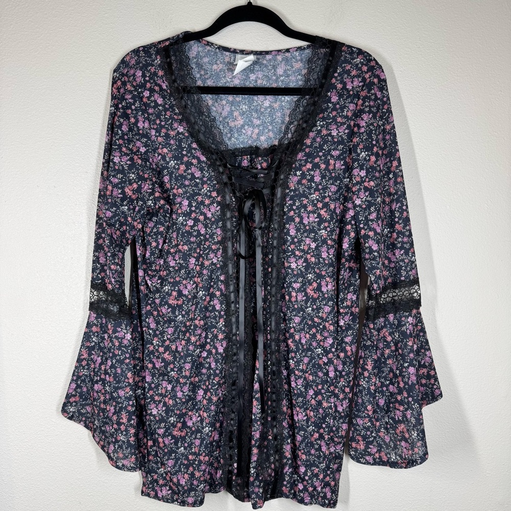 Vintage Y2K Romans Floral Top Fairy Whimsigoth Lace Dark Romantic Bell Sleeve M